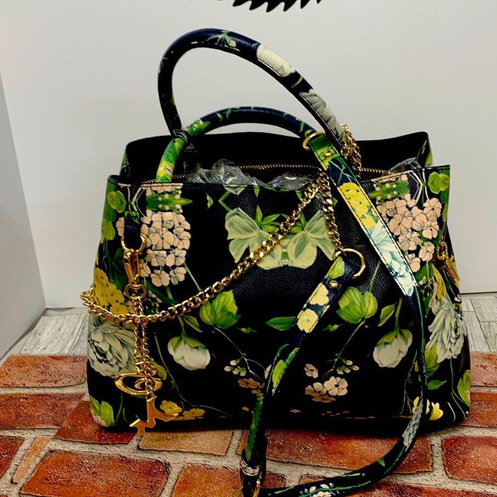 EUC Multi flowered Steve Madden black bag with extra long chain strap